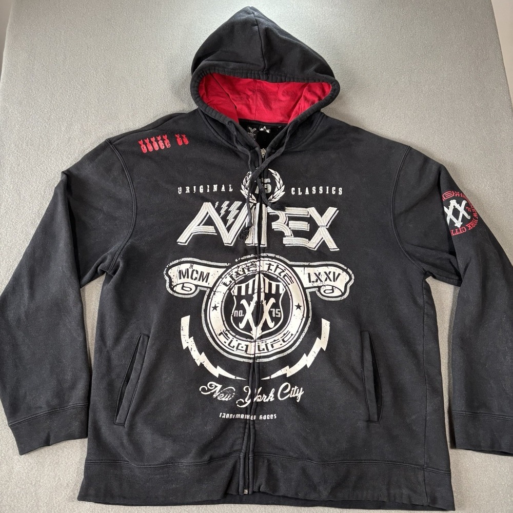 Y2K 90s‎ Avirex Black Embellished Logo Zip Up Hoodie Mens 2XL XXL Streetwear NYC